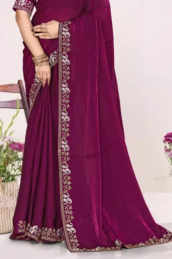 Wine sequin embellish work satin silk blend saree sari for women