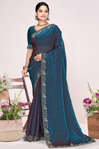Teal blue sequin embellish work satin silk saree sari for women