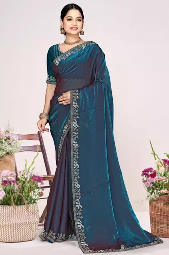 Teal blue sequin embellish work satin silk saree sari for women