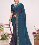 Teal blue sequin embellish work satin silk saree sari for women
