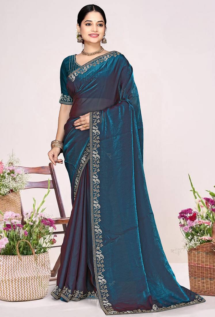 Teal blue sequin embellish work satin silk saree sari for women
