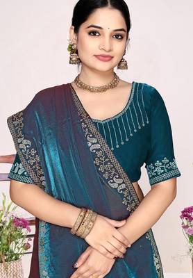 Teal blue sequin embellish work satin silk blend saree sari for women 2