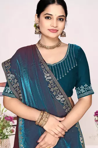 Teal blue sequin embellish work satin silk blend saree sari for women