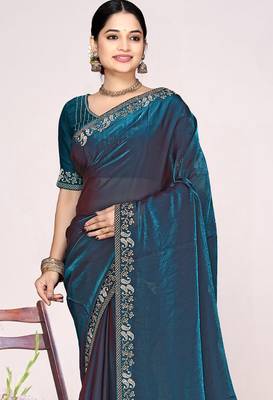 Teal blue sequin embellish work satin silk blend saree sari for women 3
