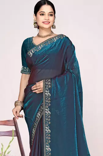 Teal blue sequin embellish work satin silk blend saree sari for women