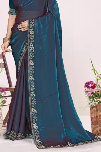 Teal blue sequin embellish work satin silk blend saree sari for women