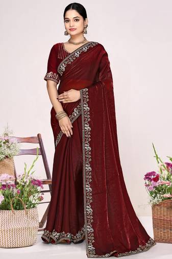 Maroon sequin embellish work satin silk saree sari for women