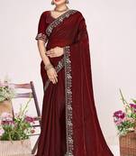 Maroon sequin embellish work satin silk saree sari for women