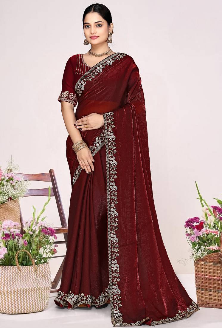 Maroon sequin embellish work satin silk saree sari for women