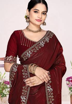 Maroon sequin embellish work satin silk blend saree sari for women 2