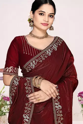 Maroon sequin embellish work satin silk blend saree sari for women