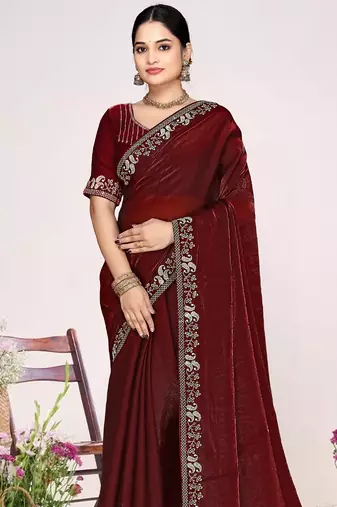 Maroon sequin embellish work satin silk blend saree sari for women