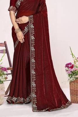 Maroon sequin embellish work satin silk blend saree sari for women 4