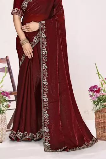 Maroon sequin embellish work satin silk blend saree sari for women