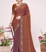 Rust sequin embellish work satin silk saree sari for women