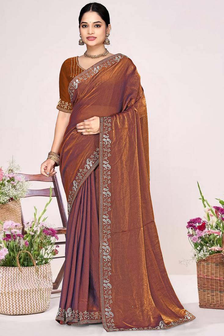 Rust sequin embellish work satin silk saree sari for women