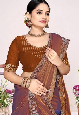 Rust sequin embellish work satin silk blend saree sari for women 2