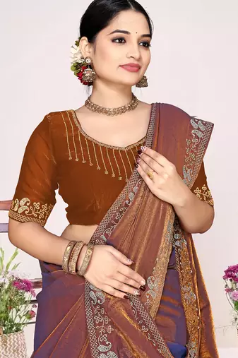 Rust sequin embellish work satin silk blend saree sari for women