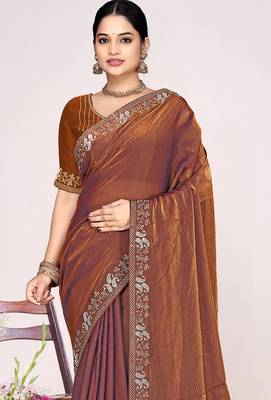 Rust sequin embellish work satin silk blend saree sari for women 3