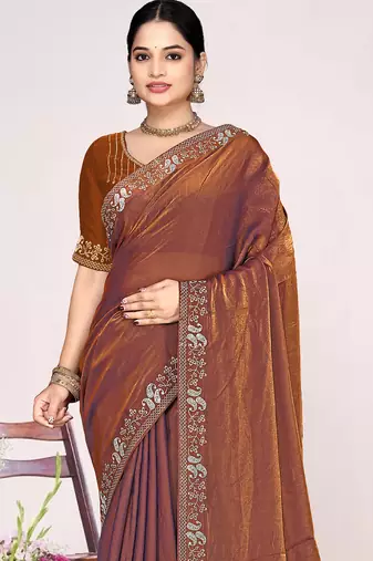 Rust sequin embellish work satin silk blend saree sari for women