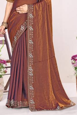 Rust sequin embellish work satin silk blend saree sari for women 4