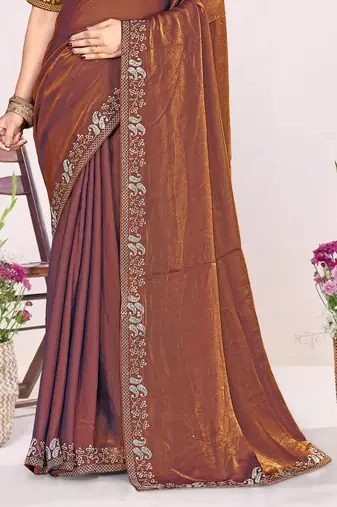Rust sequin embellish work satin silk blend saree sari for women