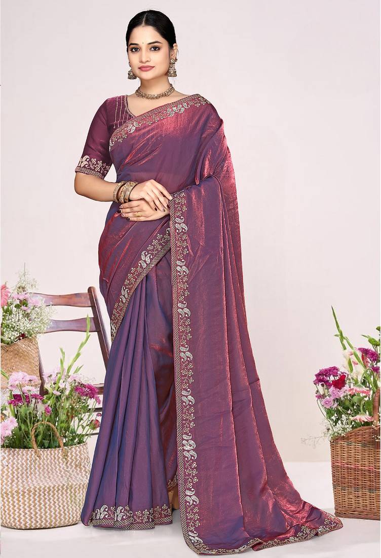 Purple sequin embellish work satin silk saree sari for women