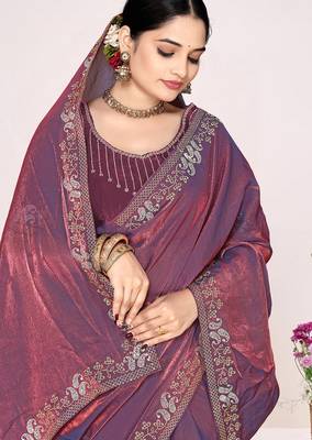 Purple sequin embellish work satin silk blend saree sari for women 2