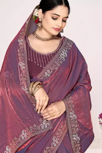 Purple sequin embellish work satin silk blend saree sari for women