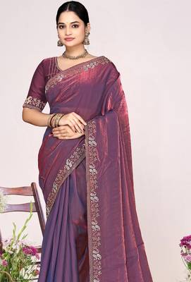 Purple sequin embellish work satin silk blend saree sari for women 3