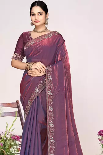 Purple sequin embellish work satin silk blend saree sari for women