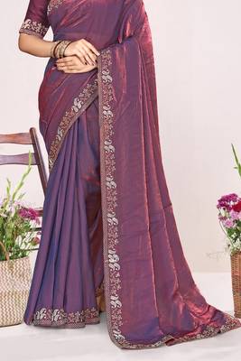 Purple sequin embellish work satin silk blend saree sari for women 4