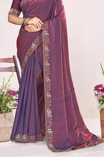 Purple sequin embellish work satin silk blend saree sari for women