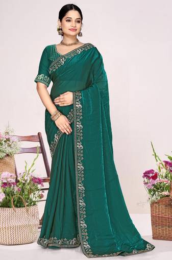 Teal green sequin embellish work satin silk saree sari for women