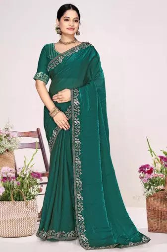 Teal green sequin embellish work satin silk saree sari for women