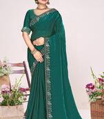 Teal green sequin embellish work satin silk blend saree sari for women