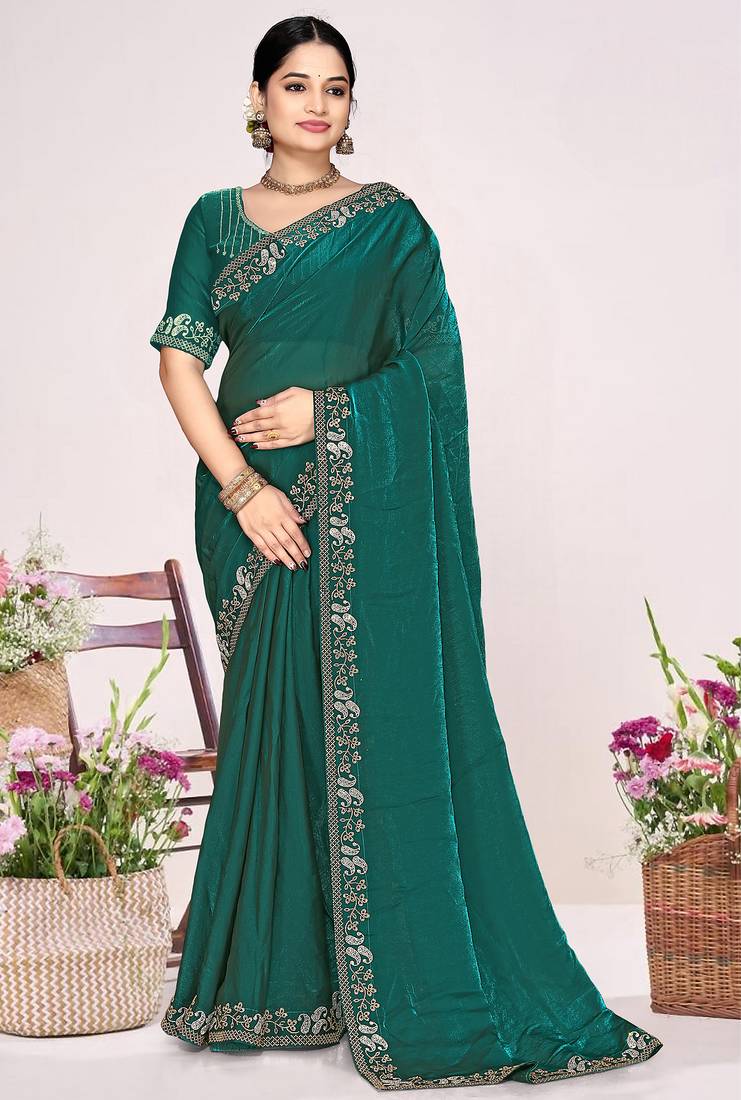 Teal green sequin embellish work satin silk saree sari for women