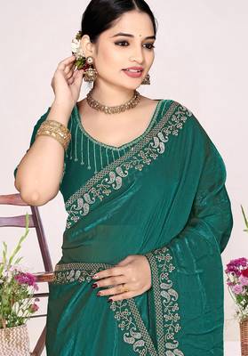 Teal green sequin embellish work satin silk blend saree sari for women 2