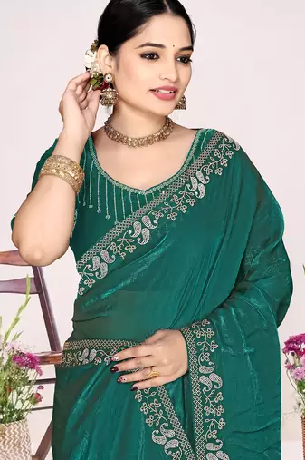 Teal green sequin embellish work satin silk blend saree sari for women