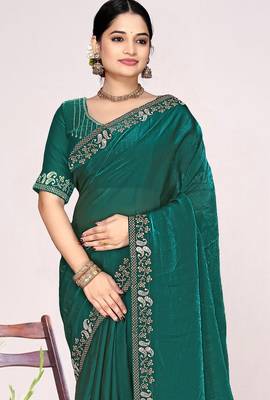 Teal green sequin embellish work satin silk blend saree sari for women 3