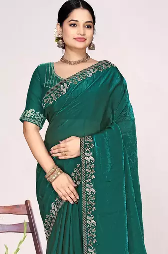 Teal green sequin embellish work satin silk blend saree sari for women