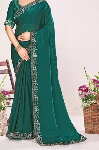 Teal green sequin embellish work satin silk blend saree sari for women