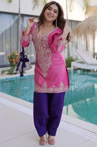 Alluring Pink Zari Work Viscose Traditional Salwar Kameez