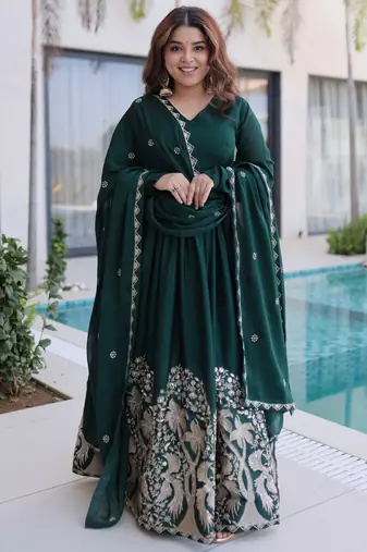 Green color rangoli crush fabric designer embroidered heavy partywear gown