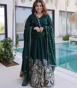 Green color rangoli crush fabric designer embroidered heavy partywear gown