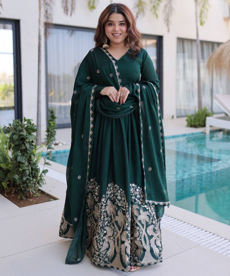 Green color rangoli crush fabric designer embroidered heavy partywear gown