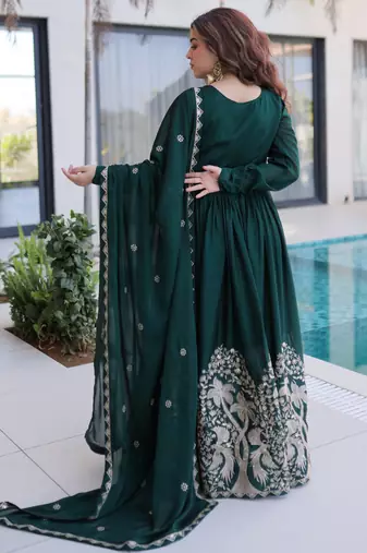 Green color rangoli crush embroidered heavy partywear gown