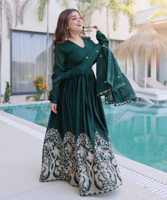 Green color rangoli crush embroidered heavy partywear gown 3