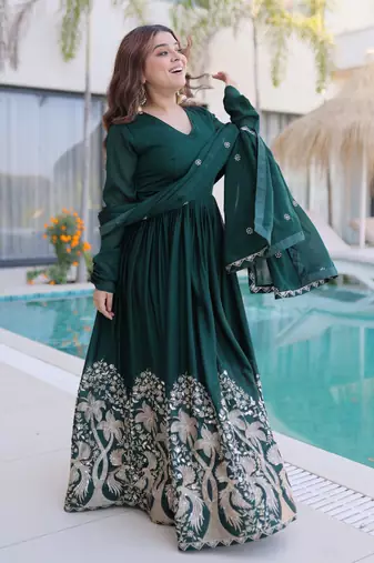 Green color rangoli crush embroidered heavy partywear gown