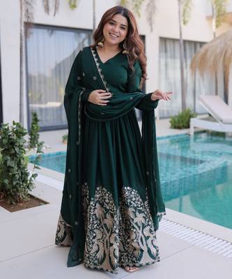 Green color rangoli crush embroidered heavy partywear gown 4